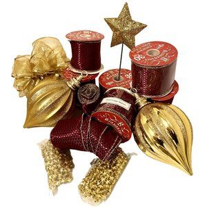 Gold And Burgundy Holiday Crafting Lot 150 Ft Ribbon Ornaments Star Garland